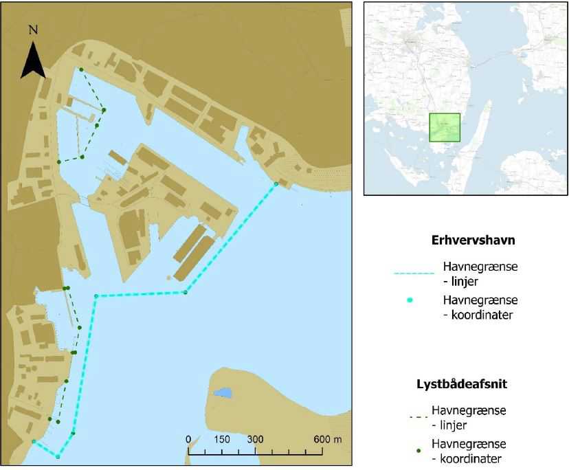 Viser hvor Svendborg er placeret på Sydfyn, samt Svendborg Gæstehavn`s havnegrænse.